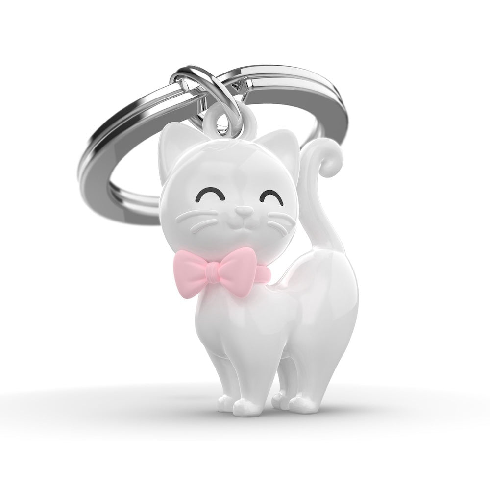 Llavero - Gato Blanco Cinta Rosa